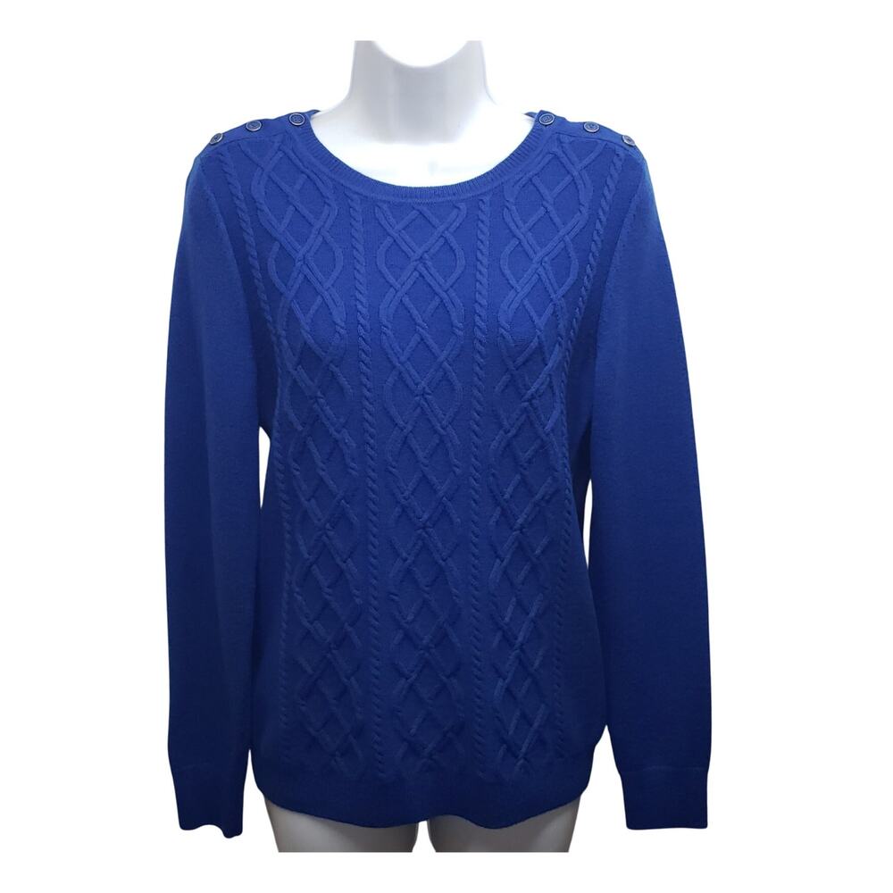 Talbots Blue Wool Blend Cable Knit Sweater SP Shoulder Button Cozy Cabin core